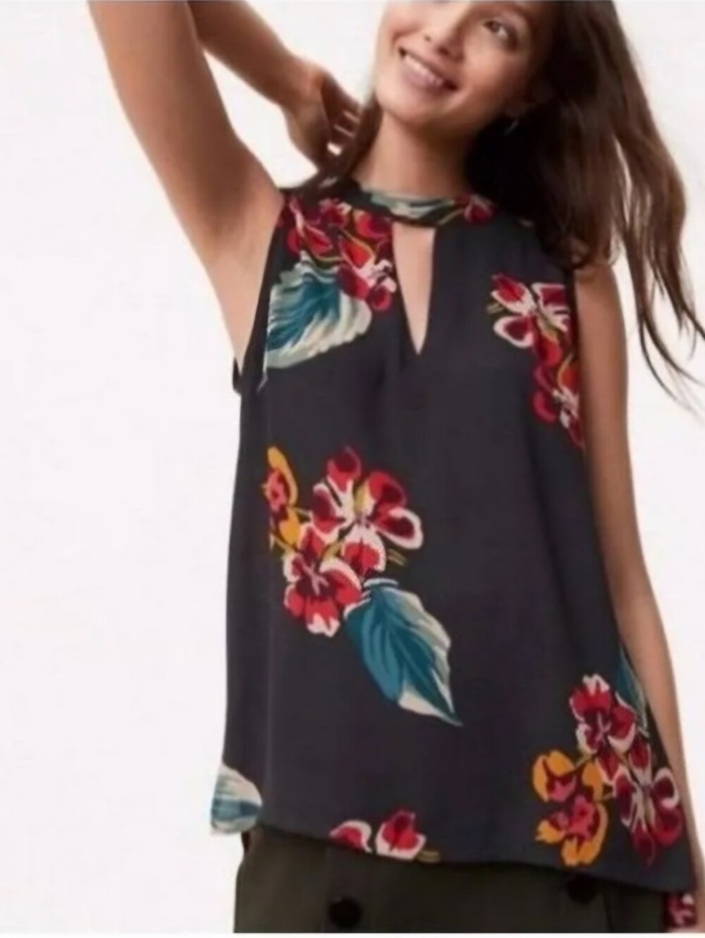 LOFT Dark Green Floral Keyhole Sleeveless Camisole